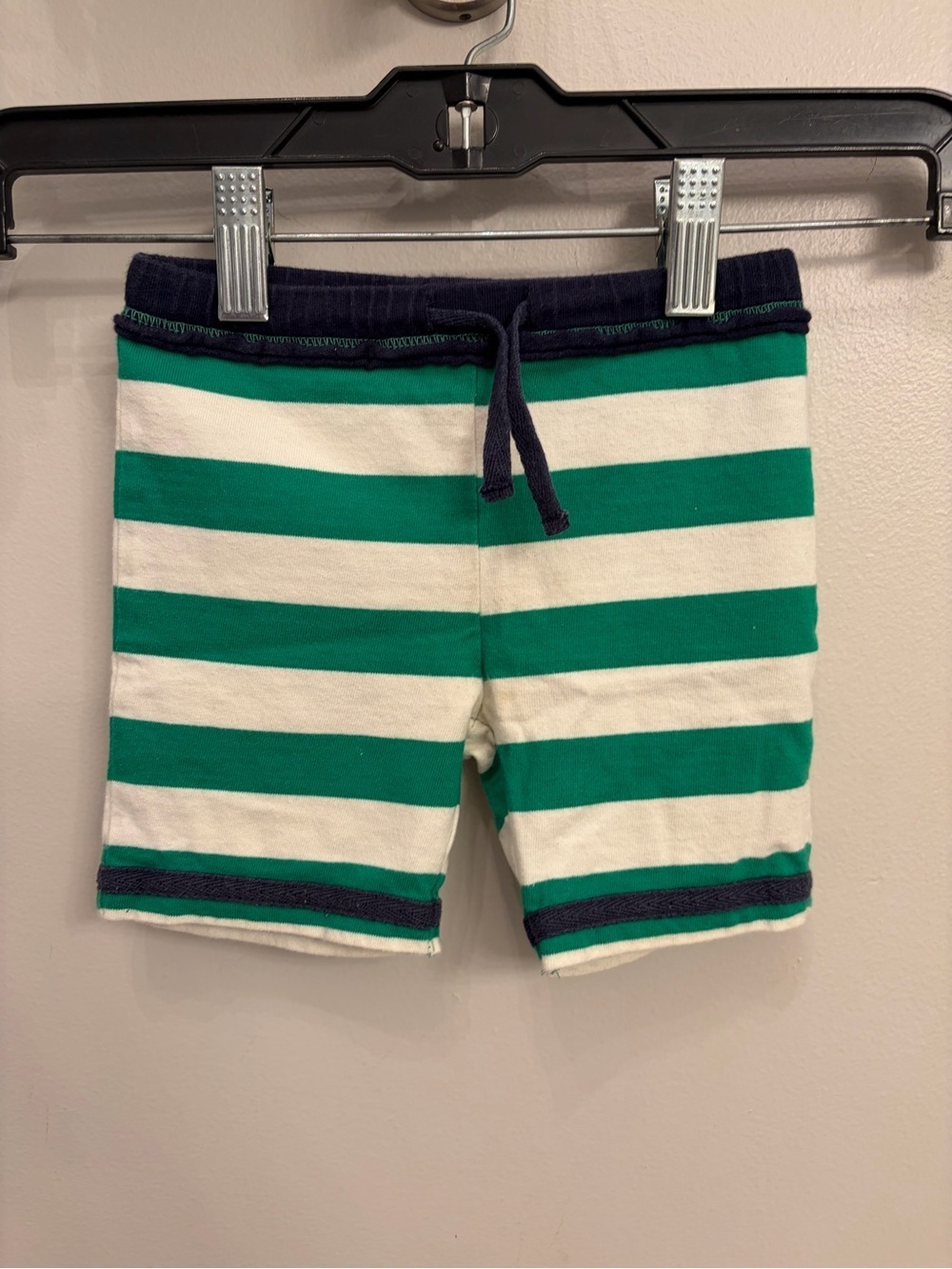Baby Boden Green and White Striped Shorts with Navy Trim 3-6 months